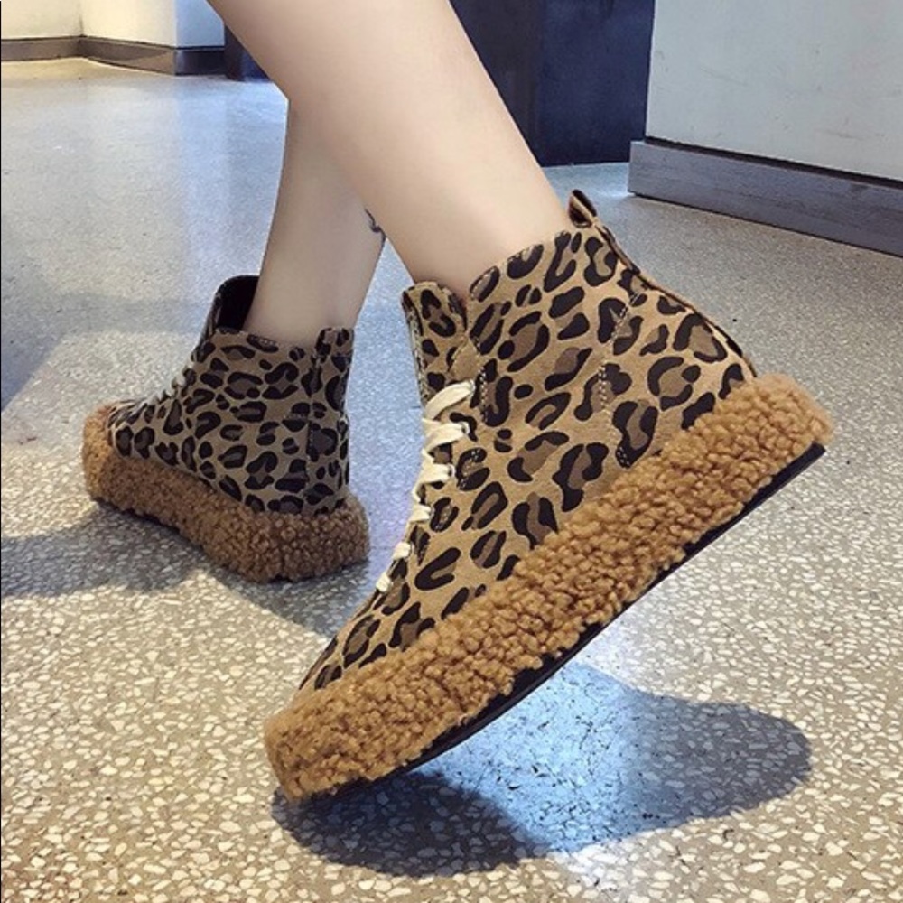 Leopard and faux fur platform lace up sneakers